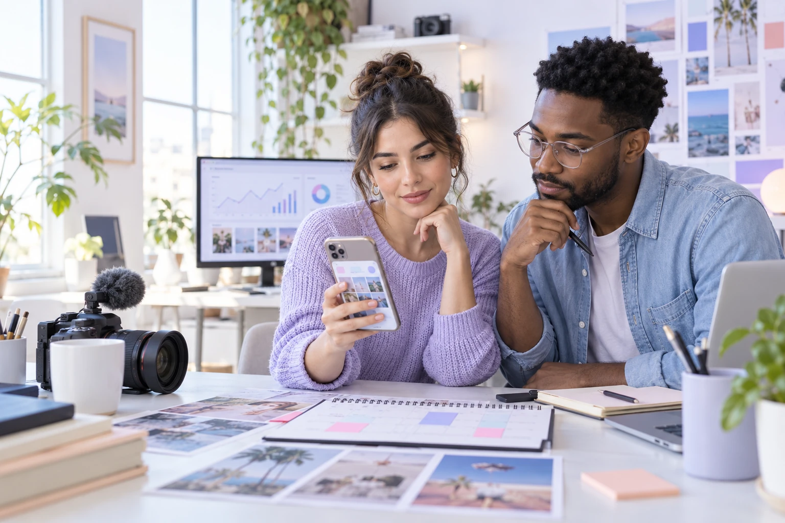 Creator and marketing teammate reviewing Instagram post engagement, campaign timing, and account safety