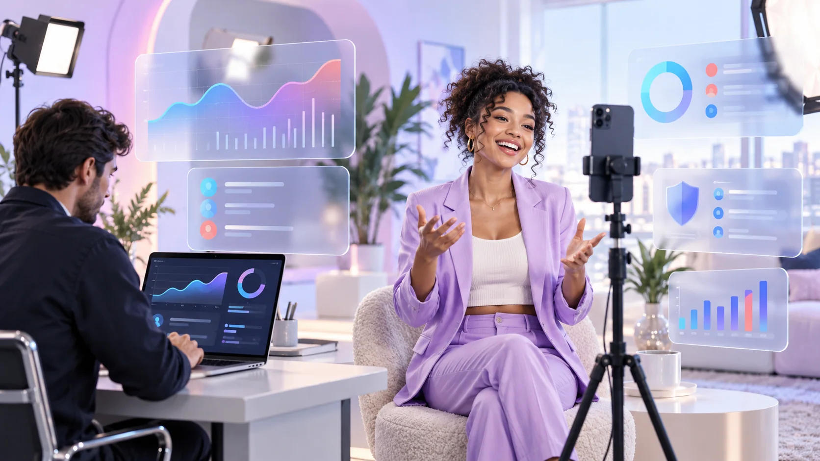 Creator hosting an Instagram Live broadcast while a producer reviews the session dashboard