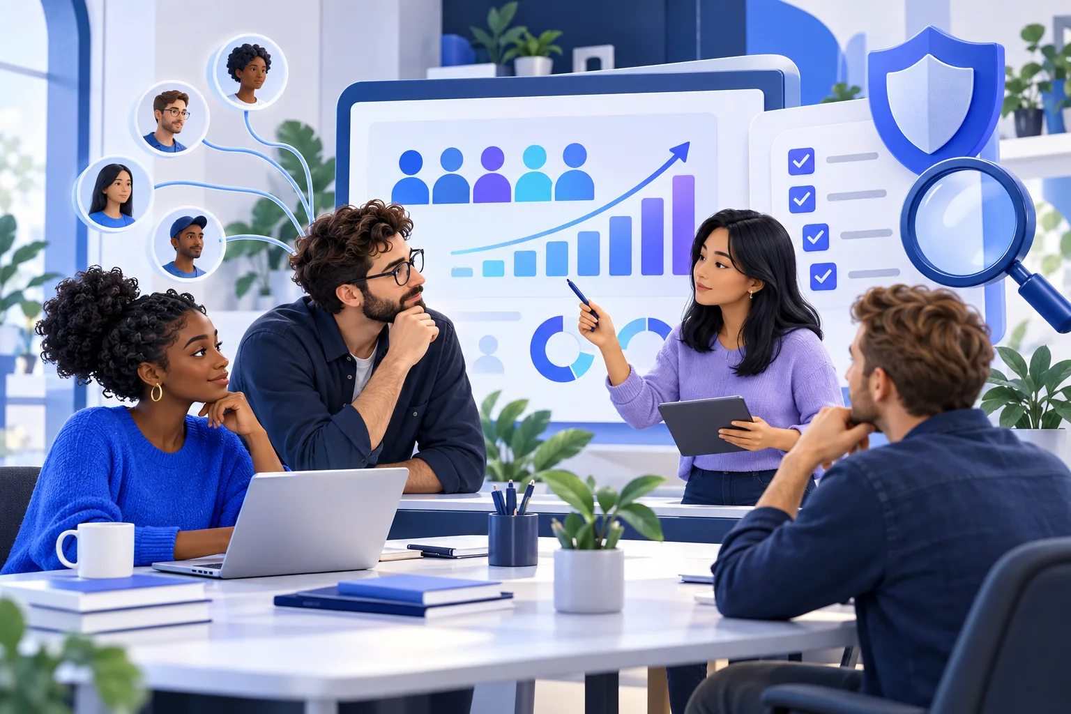 Marketing team evaluating a Facebook follower package with a checklist and security review