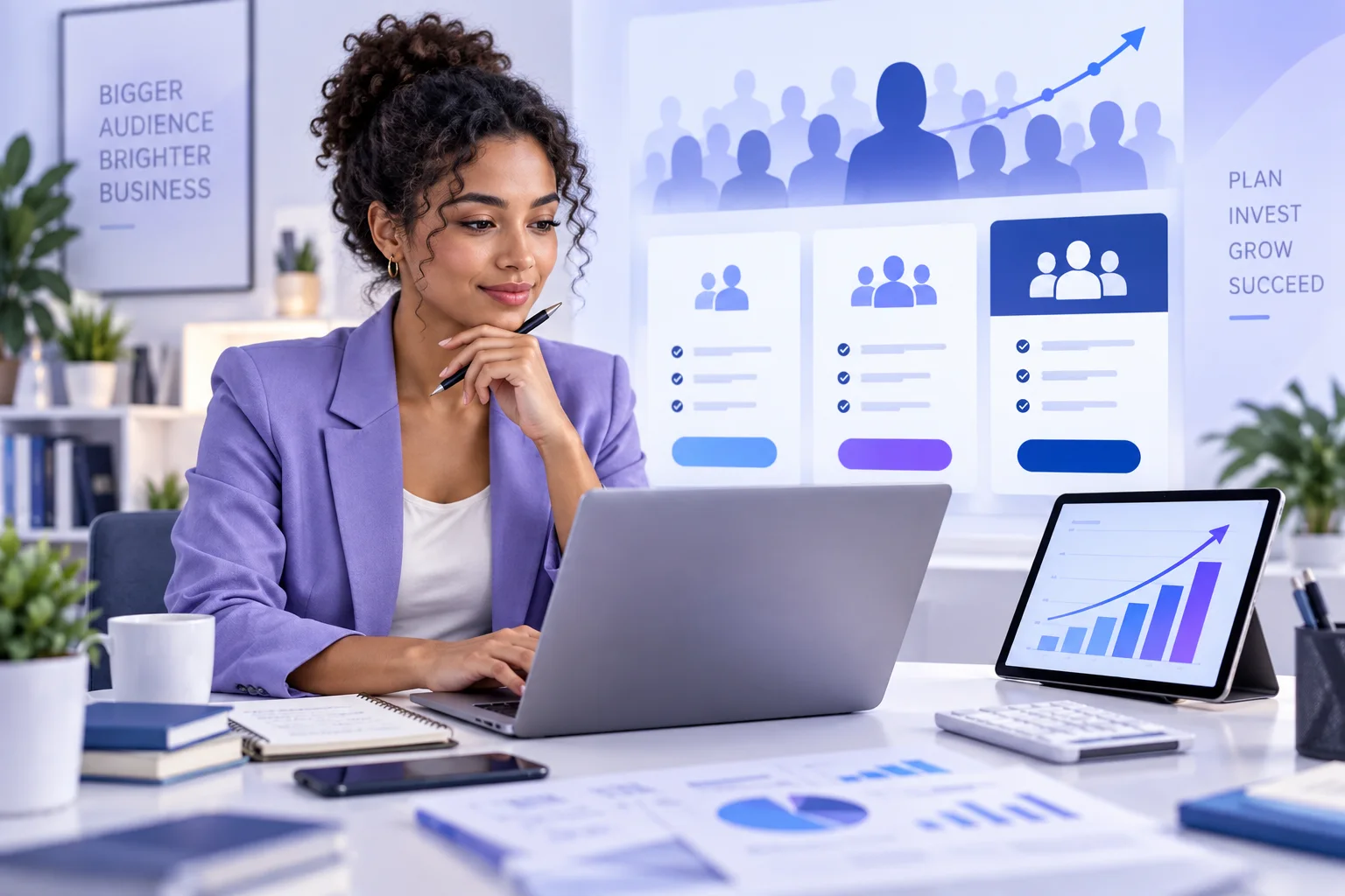 Business owner planning a Facebook follower budget with audience package options