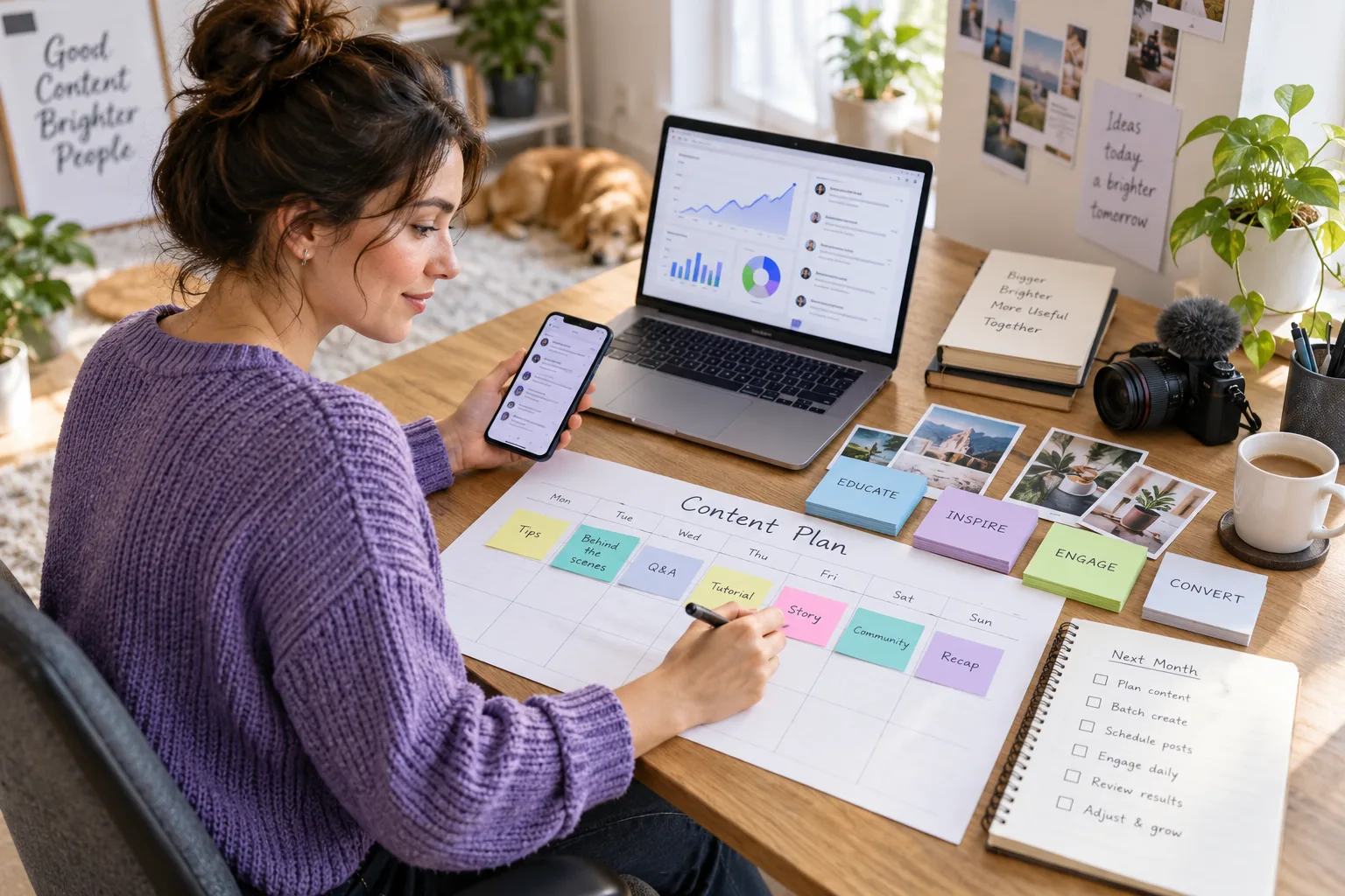 Creator preparing a weekly Facebook Page content plan after an audience growth campaign