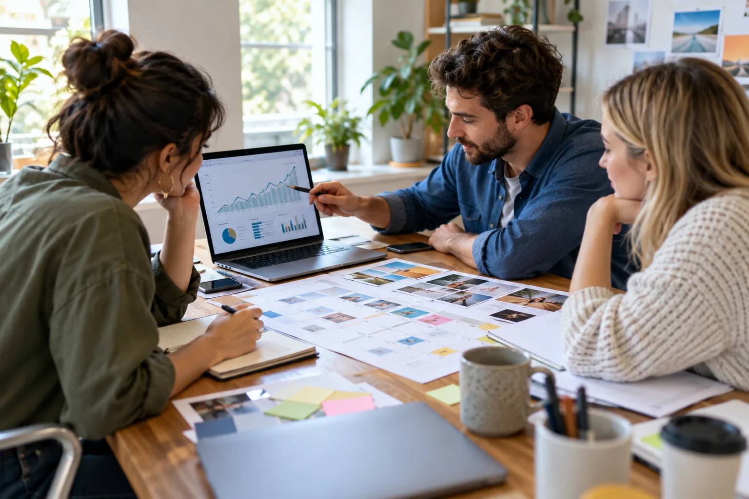 Marketing team reviewing a multiweek Facebook Page likes and followers campaign