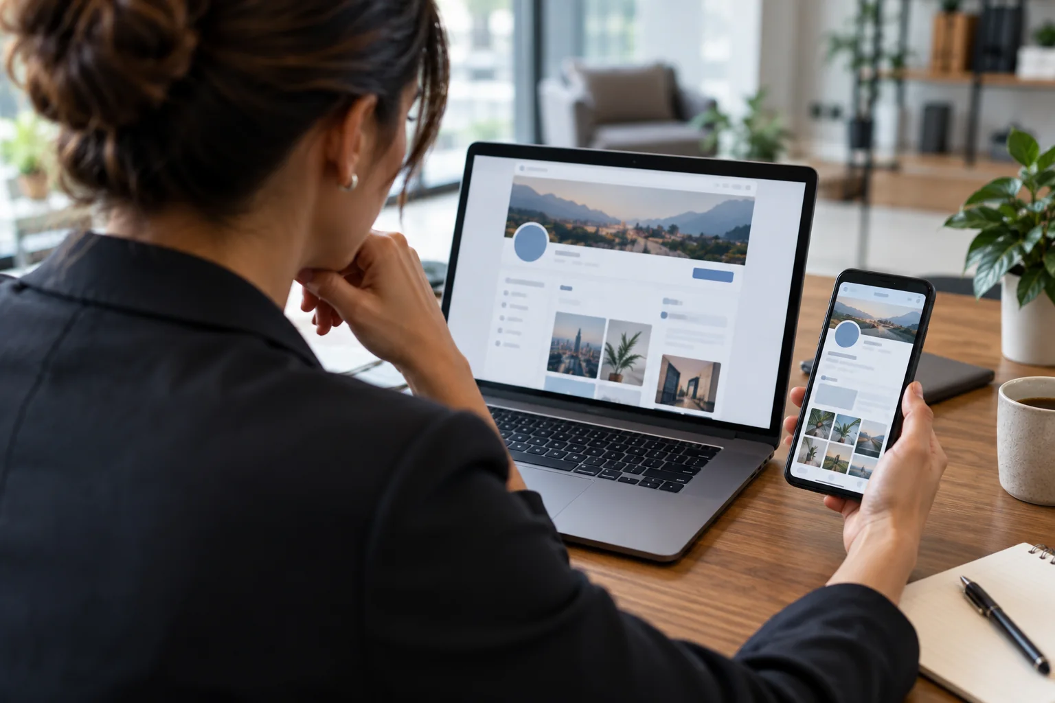 Manager comparing the public view of a Facebook Page and profile on laptop and phone