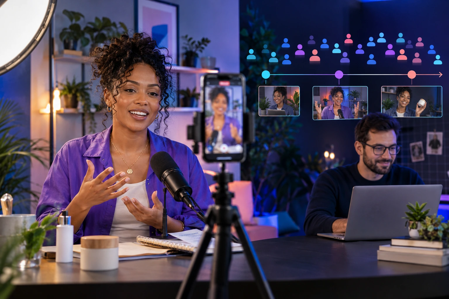 Creator hosting an Instagram Live with a moderator tracking audience questions and session notes