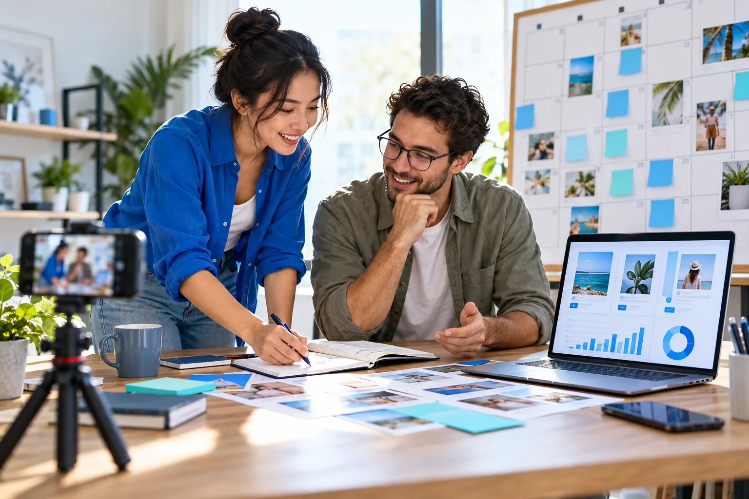 Small business team planning a Facebook Page promotion campaign with a content calendar