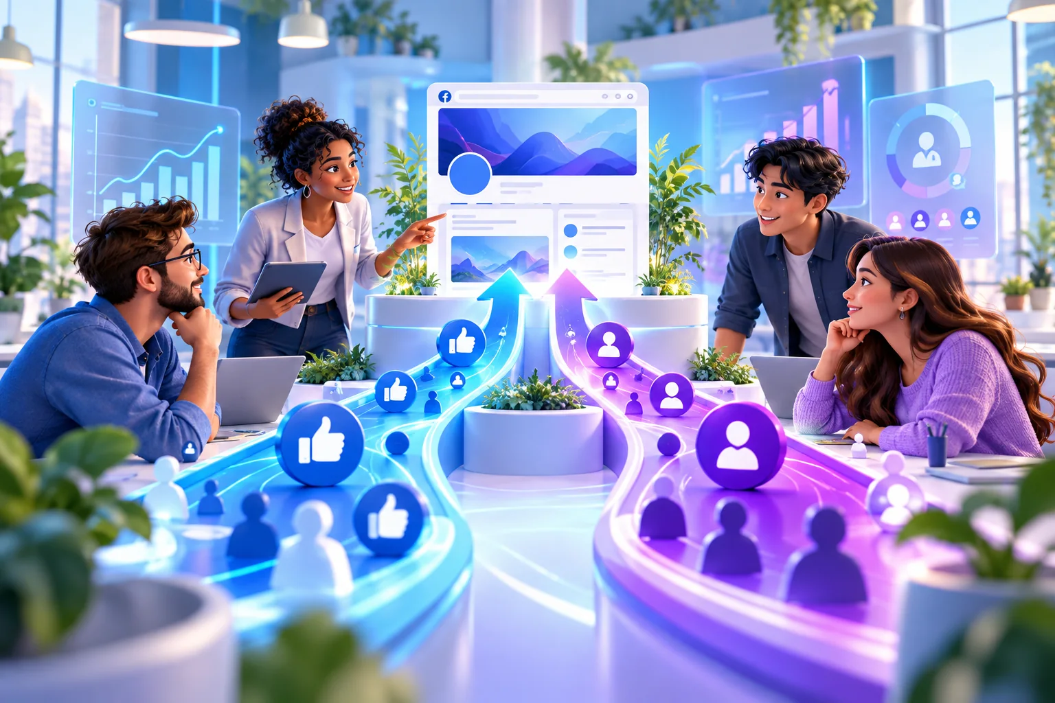 Marketing team coordinating Facebook Page likes and follower growth paths