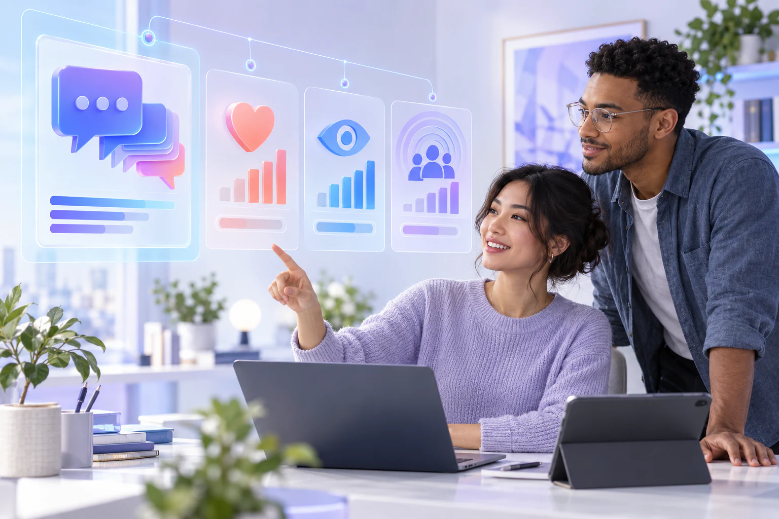 Marketing team comparing Instagram comments with likes views reach saves and profile actions