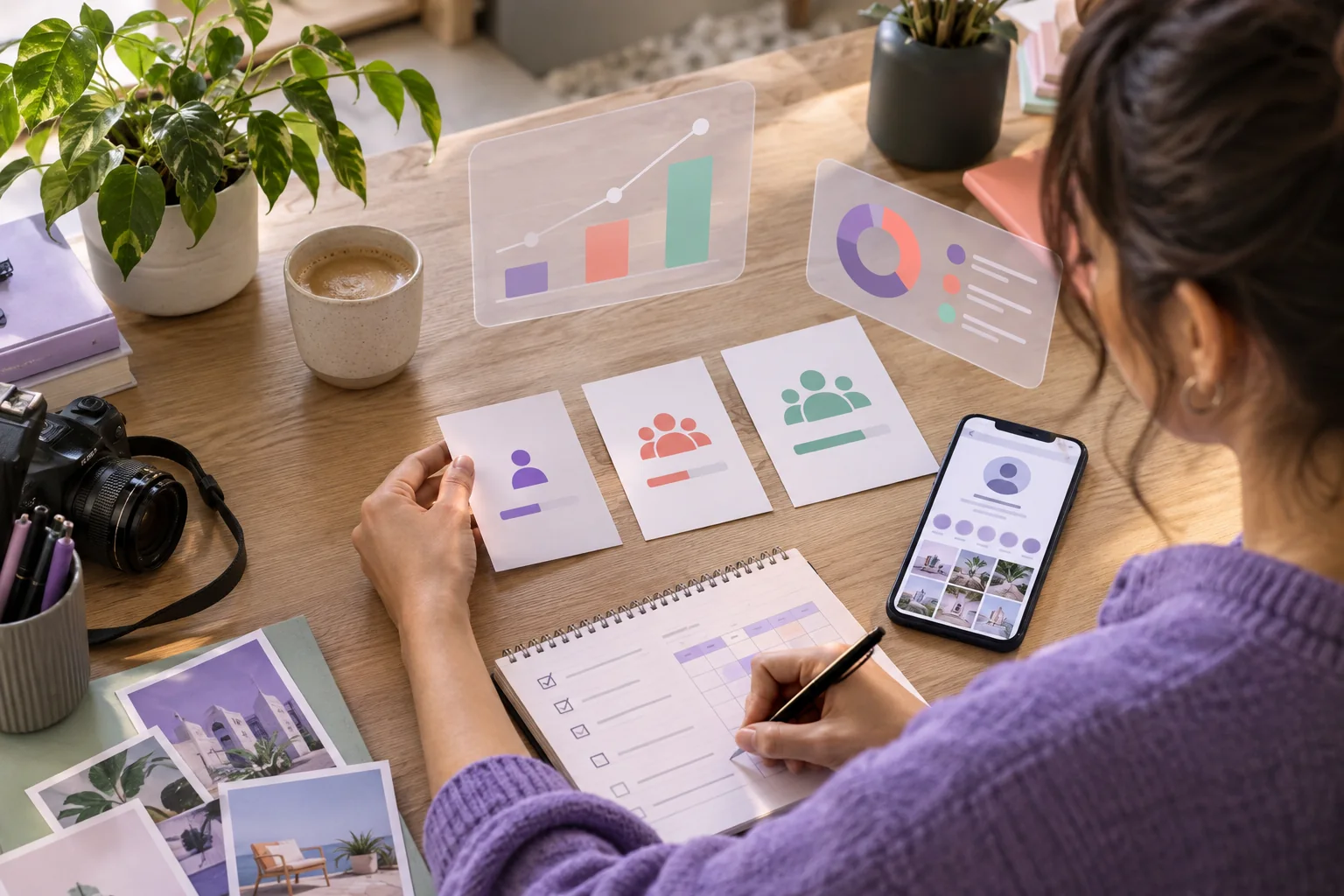 Creator comparing Instagram follower quantities with a profile content calendar