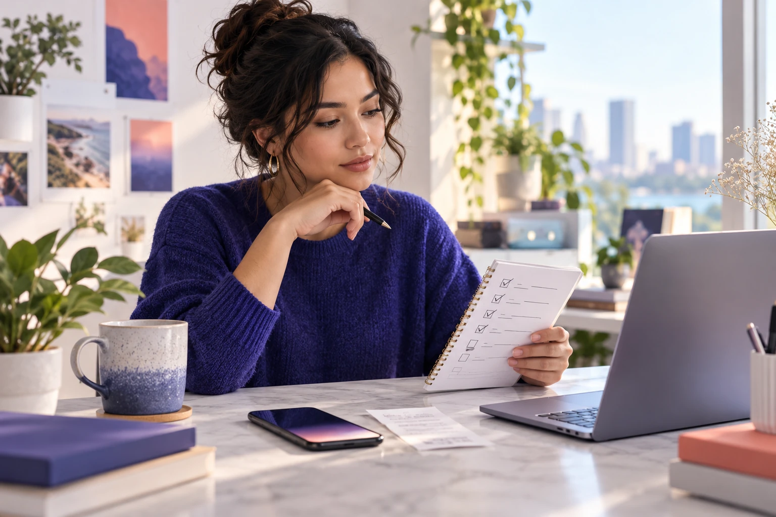 Creator reviewing an Instagram follower provider safety checklist beside a phone, laptop, and receipt
