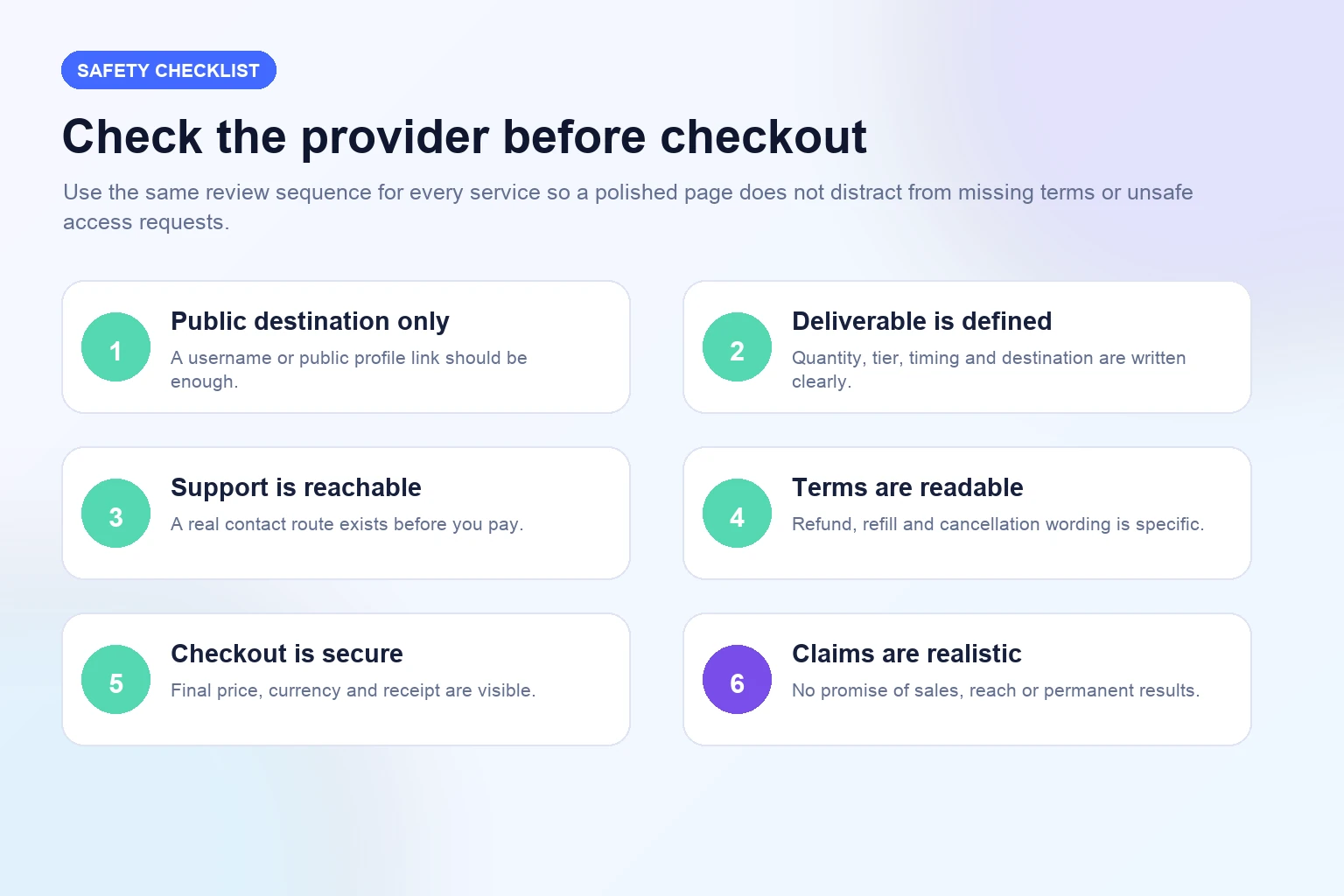 Six-part checklist for reviewing an Instagram followers provider before checkout
