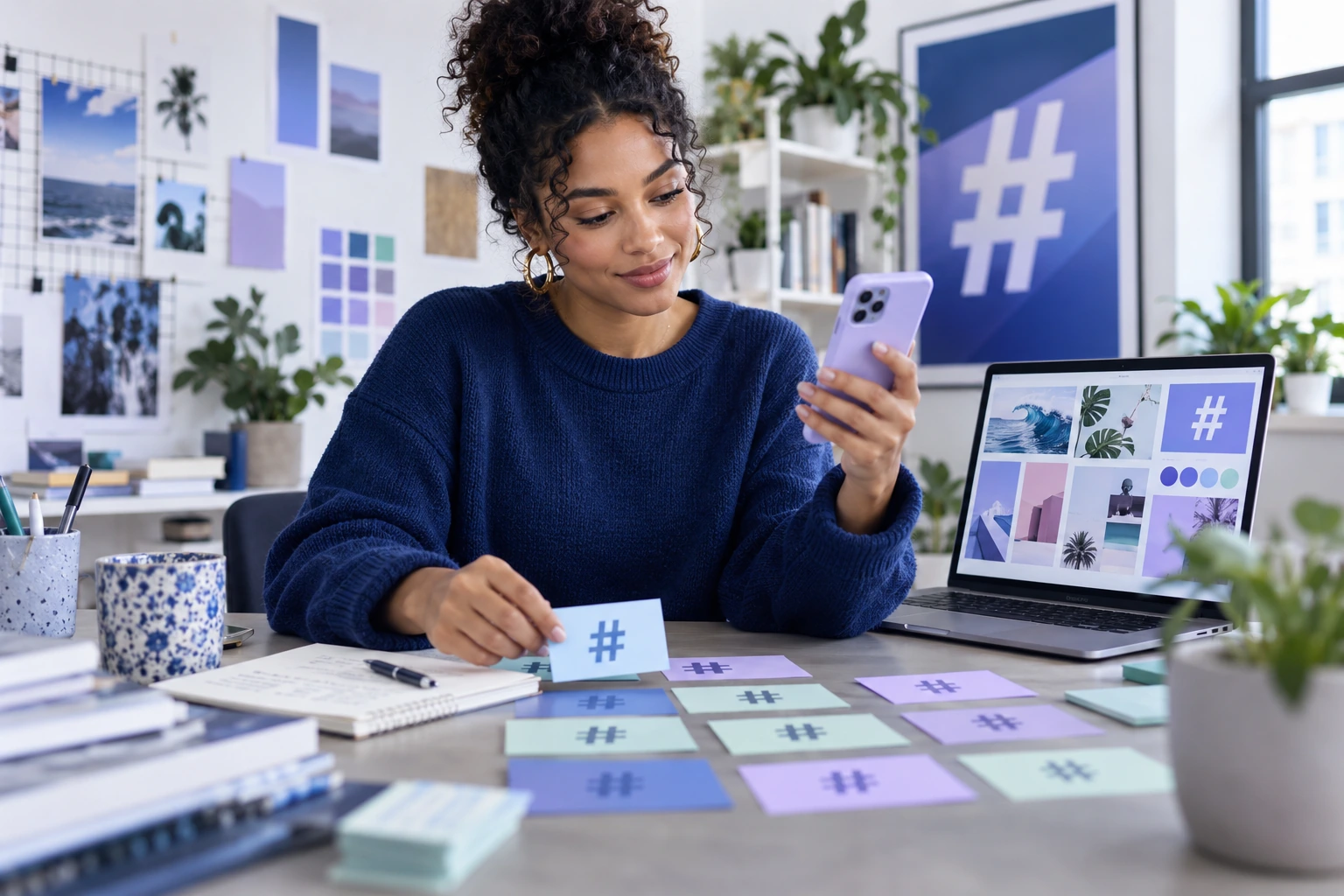 Creator organizing Instagram hashtag ideas into research groups beside a content planning board