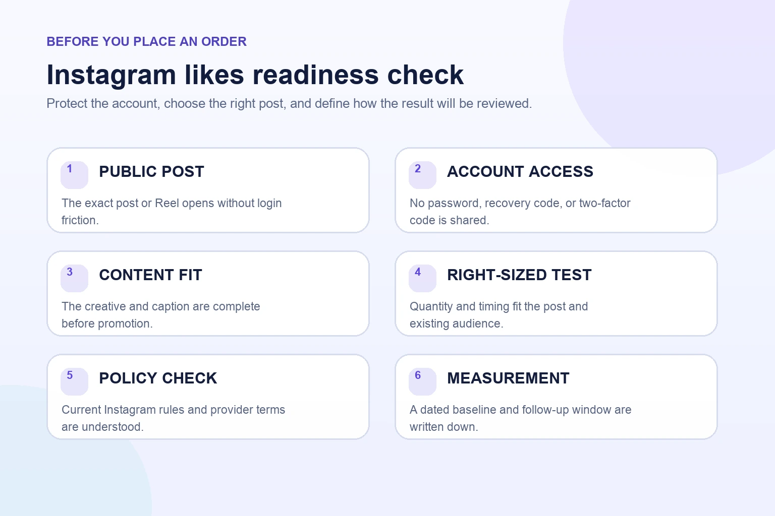 Instagram likes campaign readiness checklist covering a public post, login safety, baseline metrics, and campaign timing