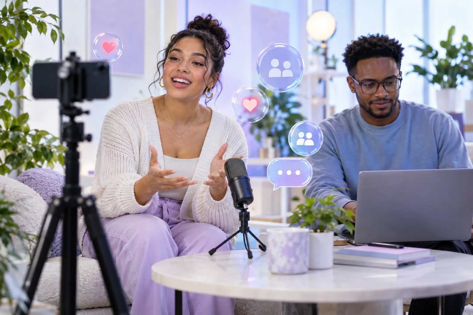 Instagram Live creator presenting while a moderator manages audience questions and production
