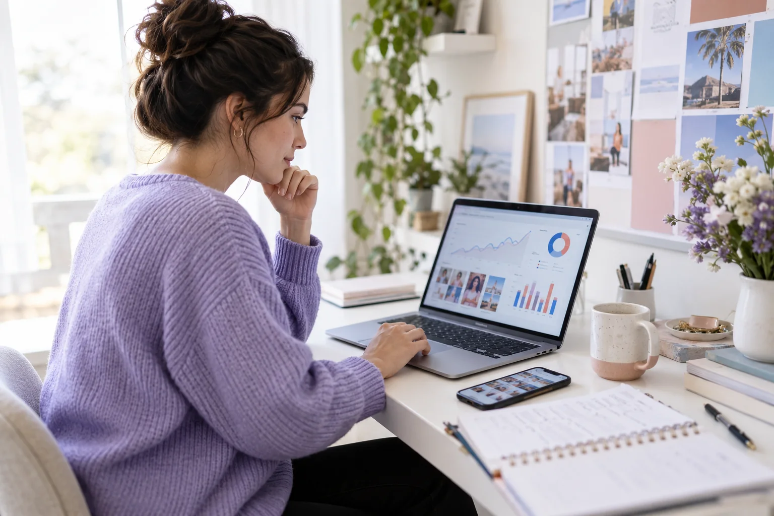 Business owner reviewing Instagram post likes and content performance