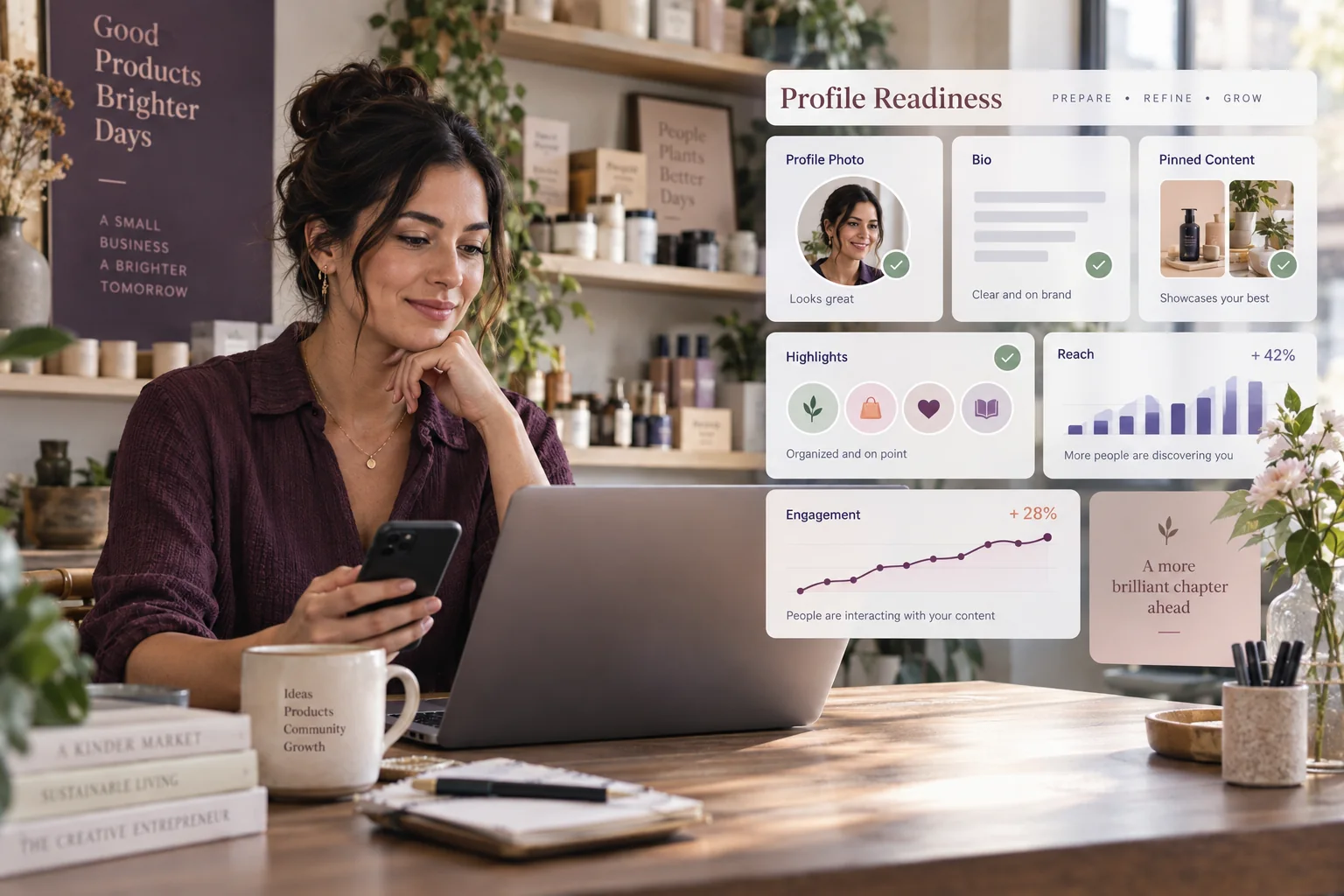 Business owner reviewing Instagram profile credibility and content readiness