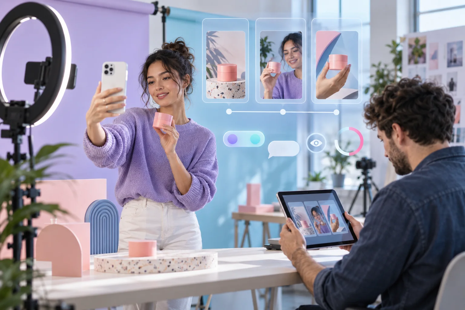 Creator filming Instagram Stories while a teammate reviews the sequence strategy