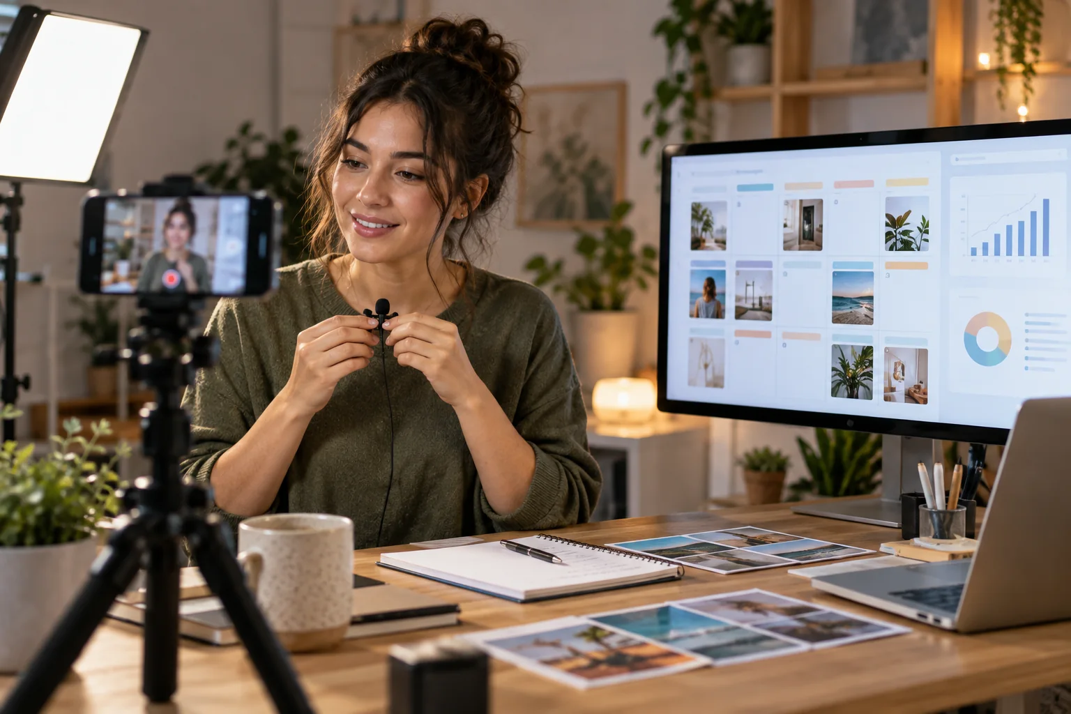 Creator recording short videos beside a repeatable Facebook content calendar